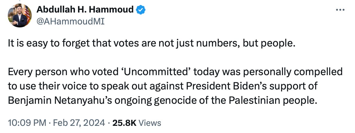 A tweet from the mayor of Dearborn, Michigan, about the campaign to vote uncommitted