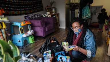 Sevonna Brown of Black Women's Blueprint looks at food and essential items that were delivered to her in the Bedford-Stuyvesant neighborhood of New York City.