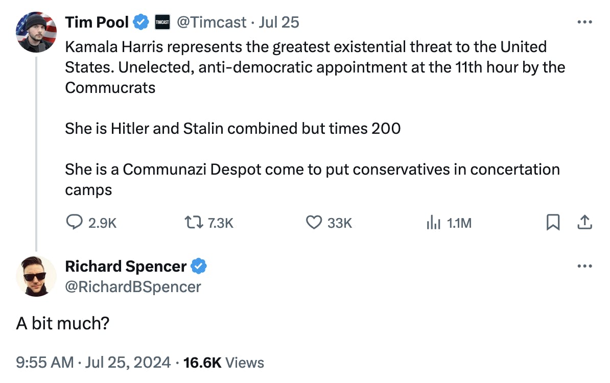 Tim Pool @Timcast Kamala Harris represents the greatest existential threat to the United States. Unelected, anti-democratic appointment at the 11th hour by the Commucrats She is Hitler and Stalin combined but times 200 She is a Communazi Despot come to put conservatives in concertation camps 9:25 AM · Jul 25, 2024 · 1.1M Views Richard Spencer @RichardBSpencer A bit much? 9:55 AM · Jul 25, 2024 · 16.6K Views 
