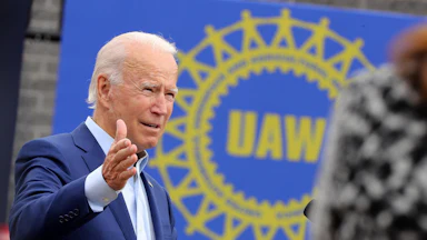 Democratic presidential nominee and former Vice President Joe Biden delivers remarks in the parking lot outside the United Auto Workers Region 1 offices on September 09, 2020