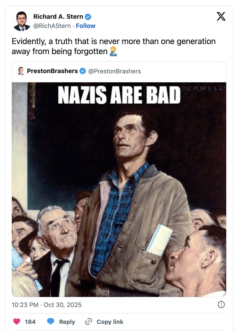 X screenshot Richard A. Stern
@RichAStern
Evidently, a truth that is never more than one generation away from being forgotten🤦♂️
(quote tweet of Preston Brashers)