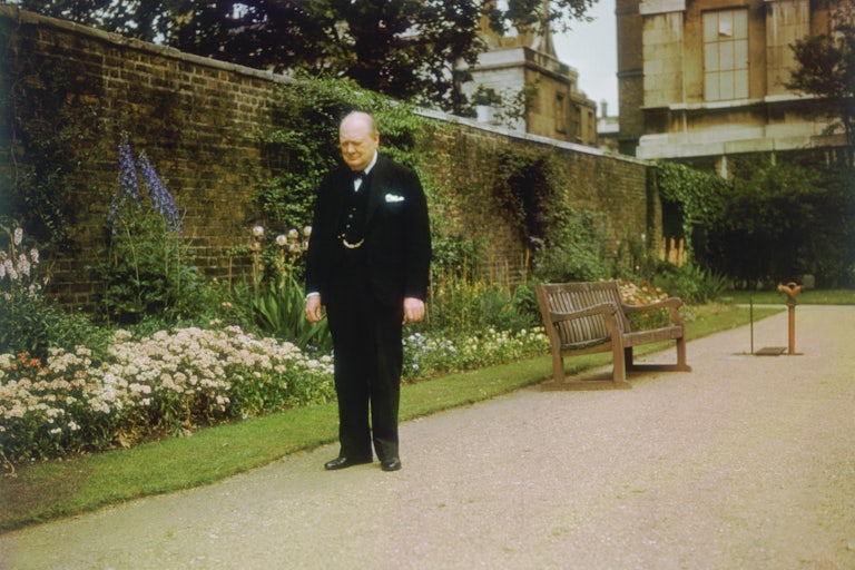 Churchill in the garden at 10 Downing Street, London