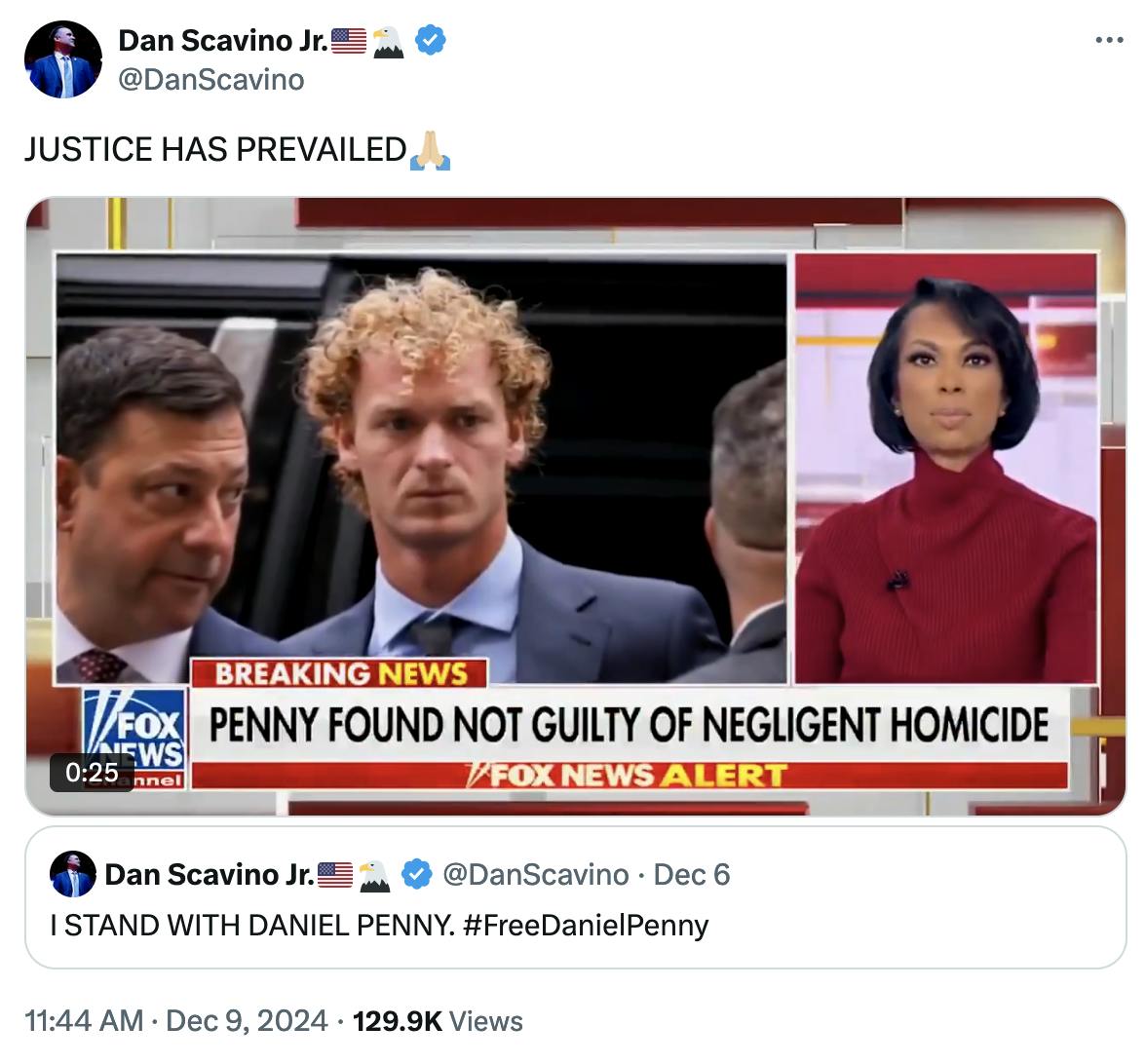 X screenshot Dan Scavino Jr.🇺🇸🦅 @DanScavino:
JUSTICE HAS PREVAILED🙏🏼

(sharing Fox News video of verdict)