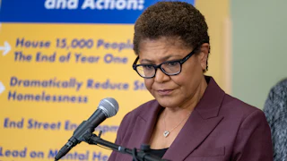 Los Angeles mayoral candidate Congresswoman Karen Bass talks about her policy position on homelessness during a news conference.