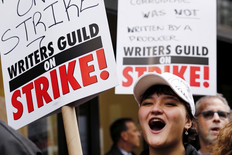 Demonstrators at a screenwriters' strike in New York City