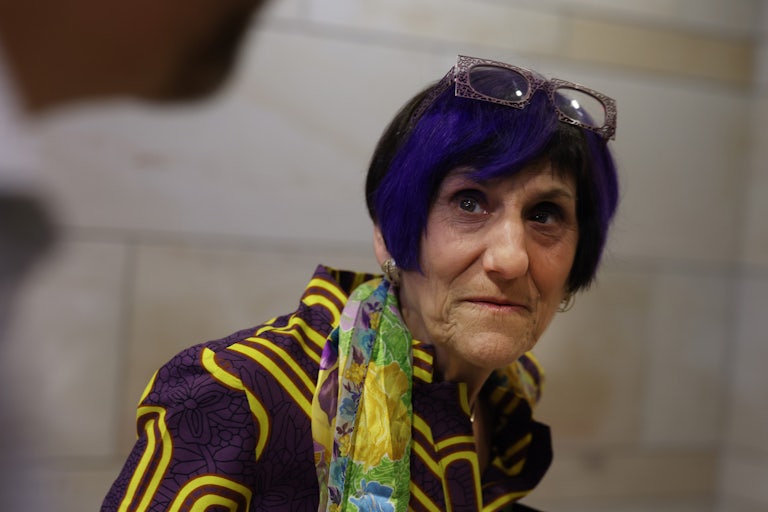 A close-up of Rosa DeLauro as she speaks with reporters.