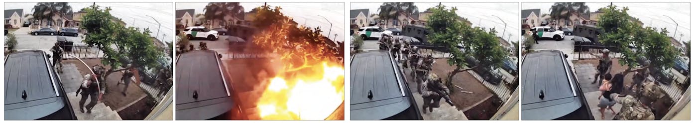A series of screenshots from a Ring camera captures federal agents planting an explosive device at the front door of a Los Angeles home in June.