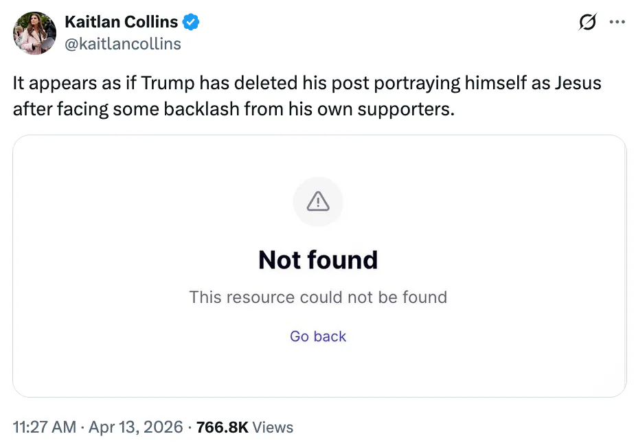 X screenshot Kaitlan Collins @kaitlancollins It appears as if Trump has deleted his post portraying himself as Jesus after facing some backlash from his own supporters. (Screenshot: Not Found)