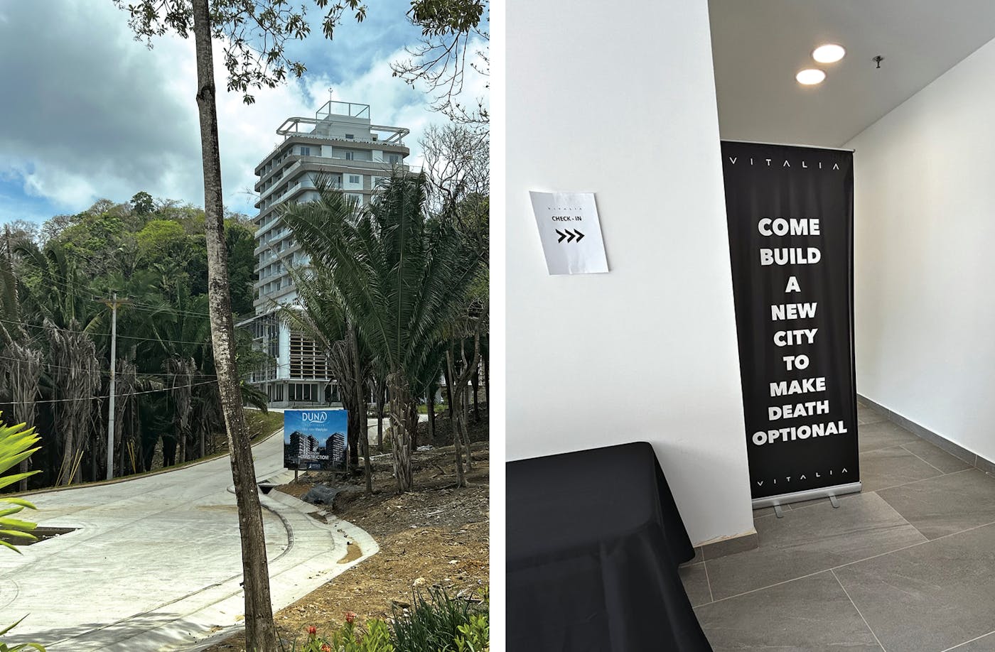 Left: Photo of the Duna, an apartment building, opened in Vitalia in summer 2024. Right: A photo of where the Accelerate & Live Forever program took place the same summer.