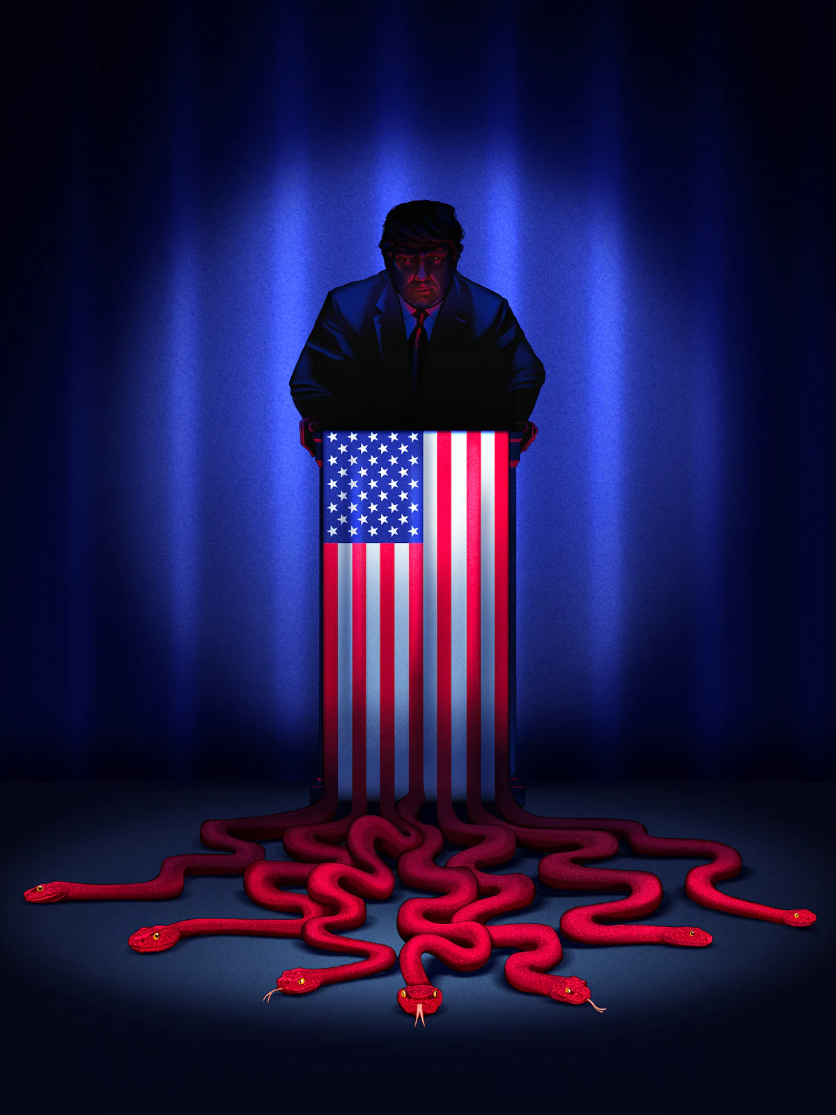 An illustration of Trump at a podium draped with a long American flag, the red strips transform to red serpents on the floor.