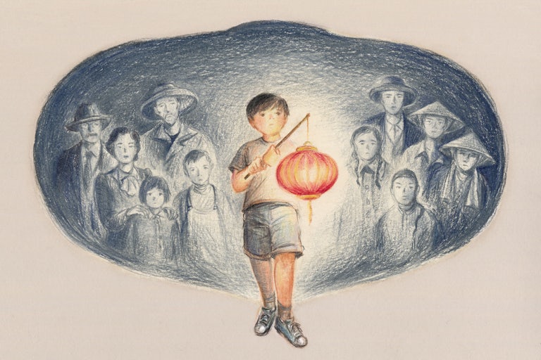 A young boy holds a bright lantern as the shadows of past wars loom in the background.