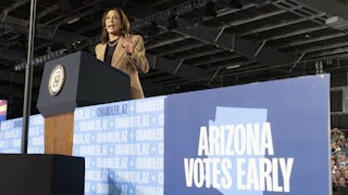 Vice President Kamala Harris speaks during a campaign rally in Chandler, Arizona, on October 10, 2024.