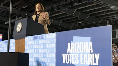 Vice President Kamala Harris speaks during a campaign rally in Chandler, Arizona, on October 10, 2024.