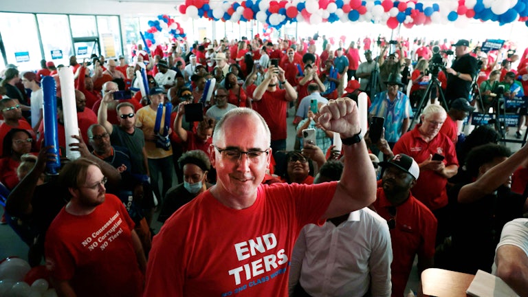 United Automobile Workers President Shawn Fain at a rally in Warren, Michigan