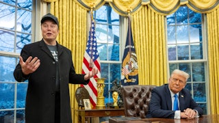 Elon Musk gestures and speaks in the Oval Office while Donald Trump sits at his desk