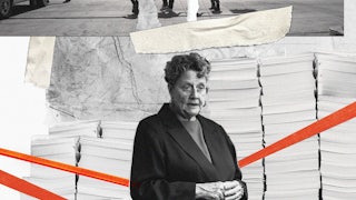 A photo illustration of Tucson immigration lawyer Margo Cowan, stacks of paper, and a family on a street