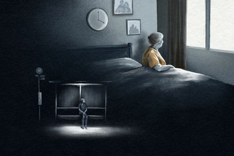 An illustration of an elderly woman in bed, with an inset of a person waiting at a bus stop