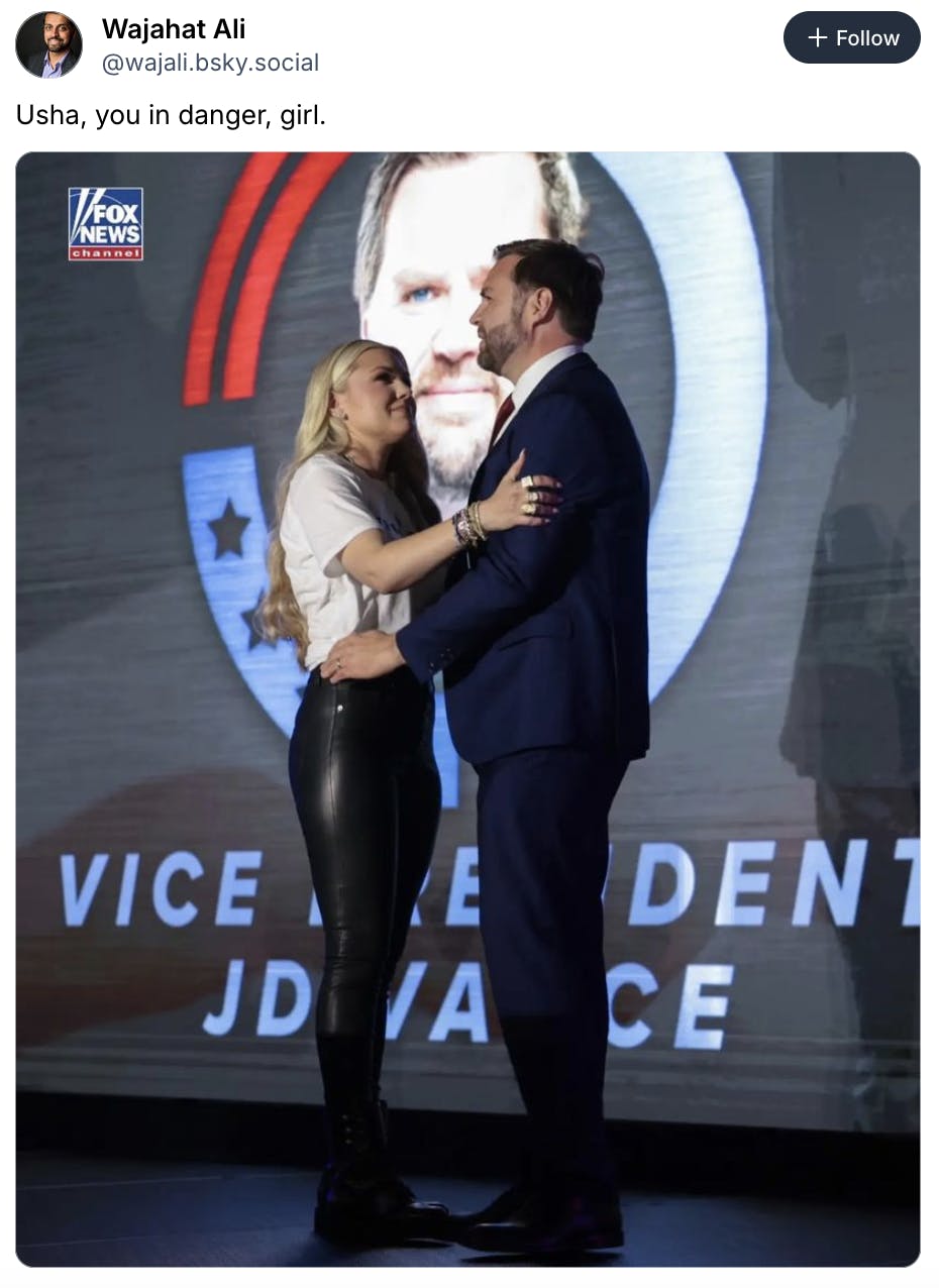 Bluesky screenshot Wajahat Ali @wajali.bsky.social Usha, you in danger, girl. (photo of Erika Kirk looking up at JD Vance as she places her hands on his arms)