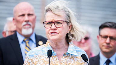 Cleta Mitchell, chairman of the Election Integrity Network, speaks during a news conference at the House steps of the U.S. Capitol.