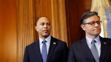 Hakeen Jeffries and Mike Johnson stand next to each other