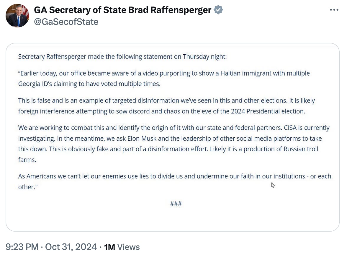 Brad Raffensperger's statement on Twitter