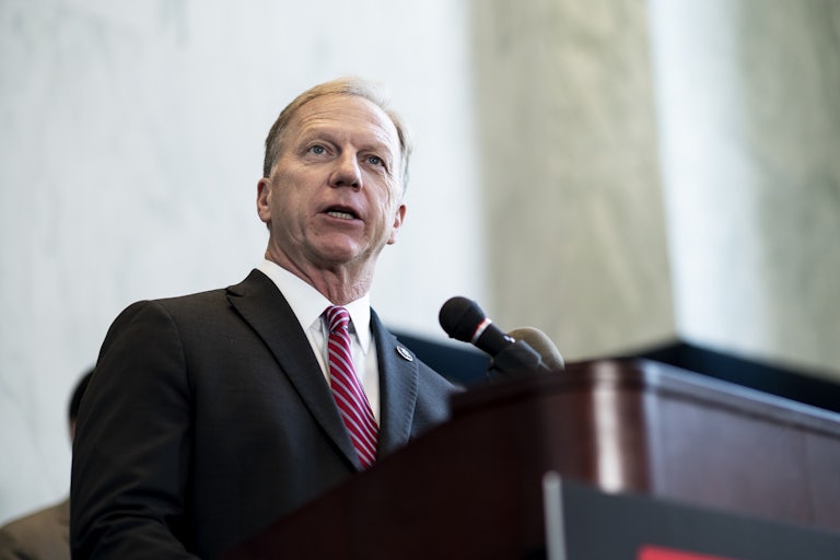 Republican Study Committee Chairman Kevin Hern speaks at a podium