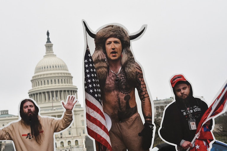 An effigy of Facebook CEO Mark Zuckerberg, dressed as a Capitol rioter