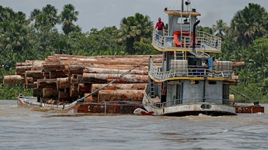 A vessel transports logs on a raft.