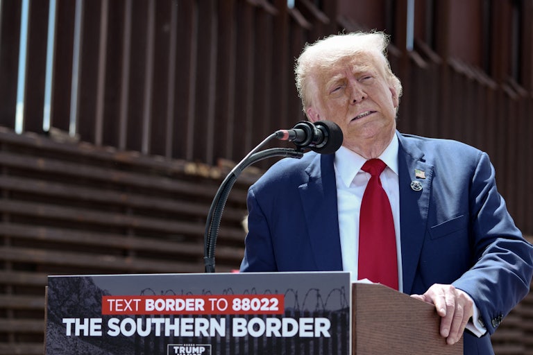 Donald Trump speaks during a press conference at the southern U.S. border