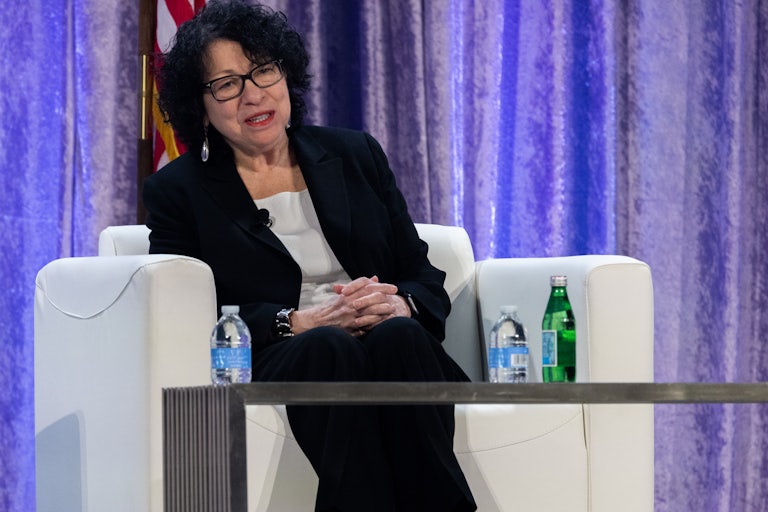 Supreme Court Justice Sonia Sotomayor speaks while sitting in a chair