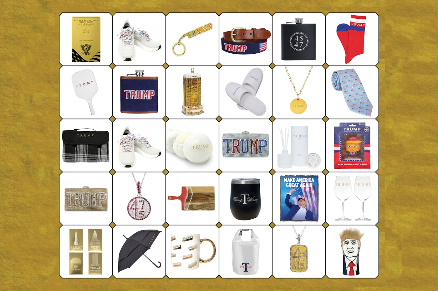 A grid of items available for purchase at the Trump Store, including a needlepoint flask ($68), the 45–47 American flag tie ($120), and the bling clutch ($550)