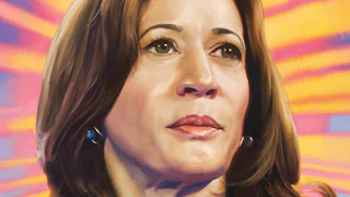 An illustration of Kamala Harris looking confident and heroic