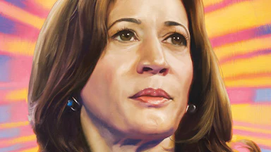 An illustration of Kamala Harris looking confident and heroic