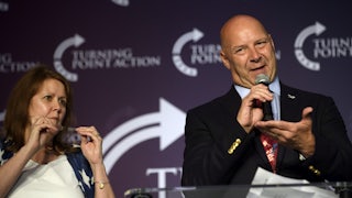Pennsylvania Republican gubernatorial nominee Doug Mastriano speaks to supporters at a rally.