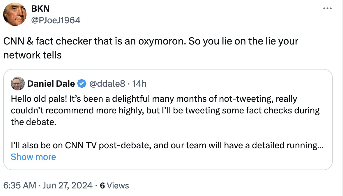 Twitter Screenshot: @PJoeJ1964: CNN & fact checker that is an oxymoron. So you lie on the lie your network tells