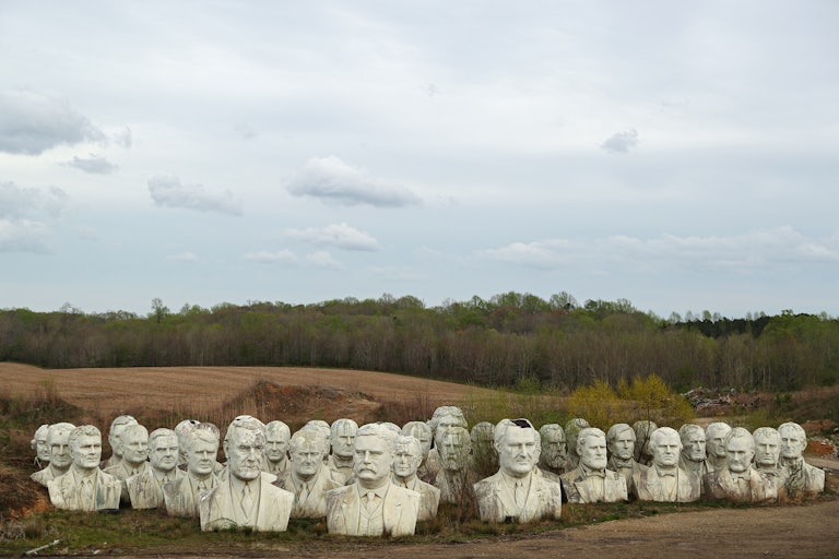 The busts of 43 presidents sit abandoned in a field in Virginia.