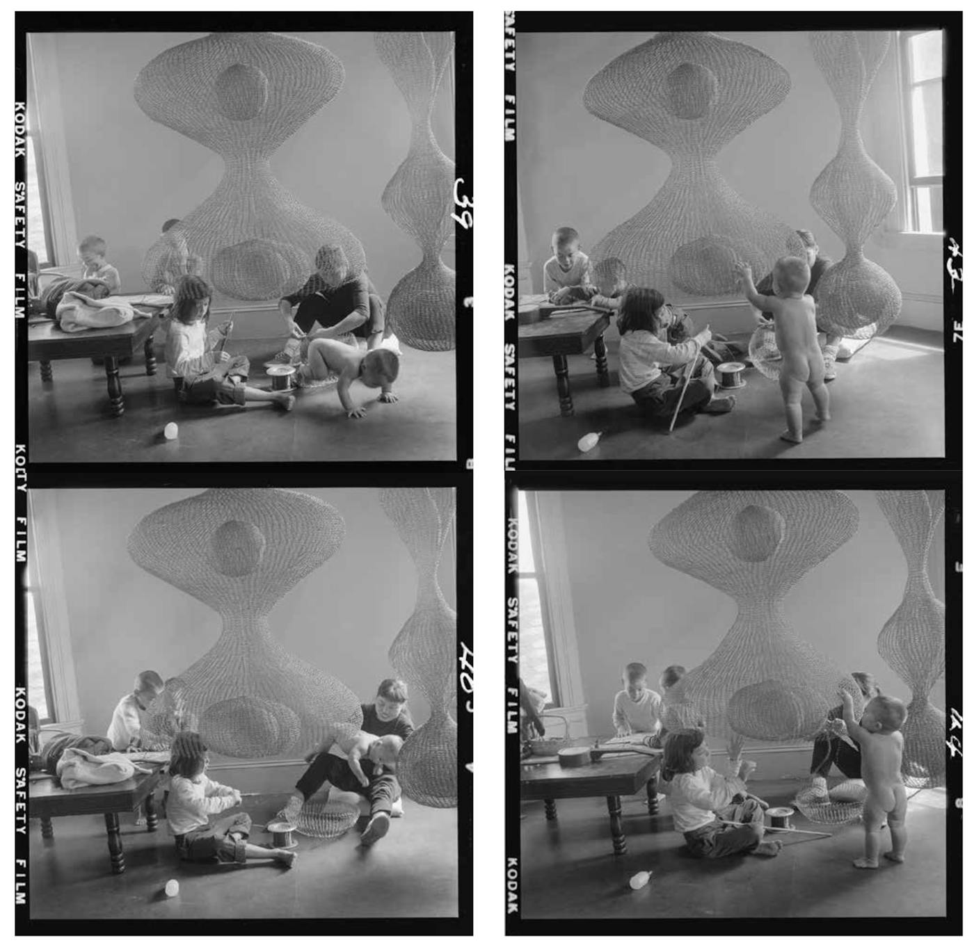 Four images fro a contact sheet by Imogen Cunningham showing Asawa working while surrounded by her children in 1957.