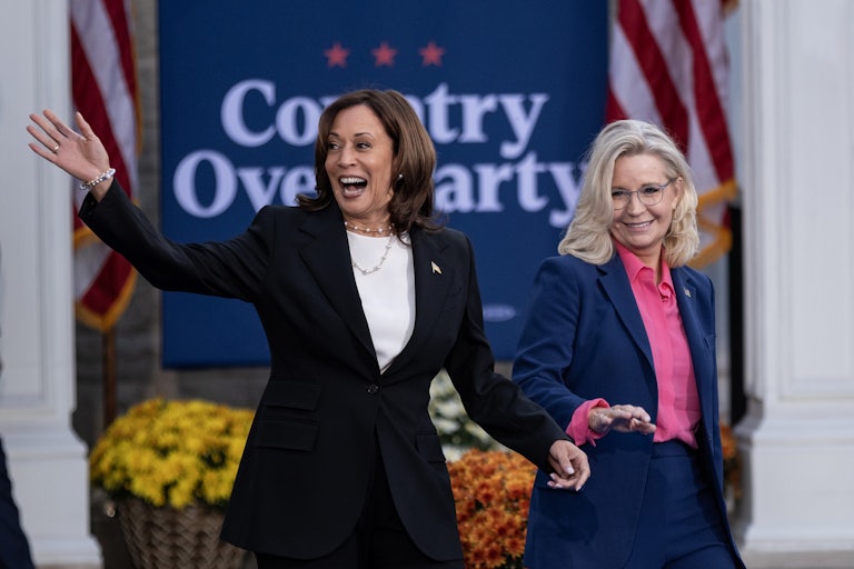 Kamala Harris with former U.S. Rep. Liz Cheney during a rally Wisconsin