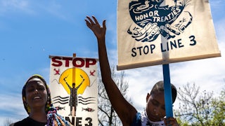 Climate activists protest the Line 3 pipeline in Solway, Minnesota