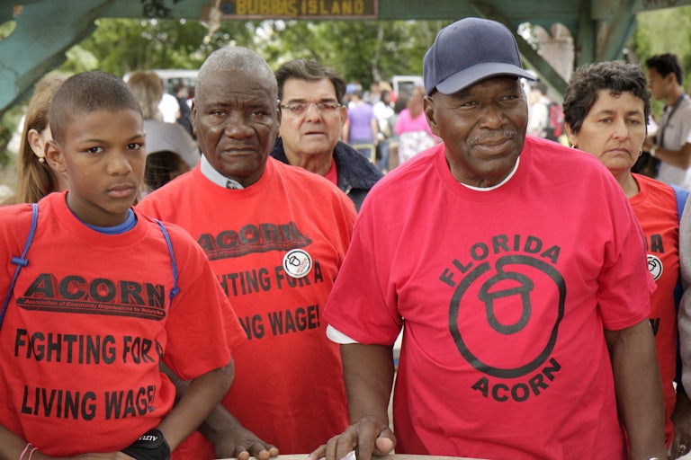 Volunteers from ACORN join a 2007 Service Employees International Union protest for better working conditions on Fishers Island, Florida.