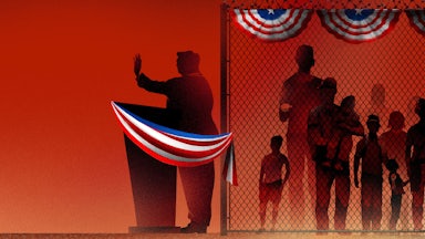 Illustration of Trump at a podium with line of immigrants behind him.