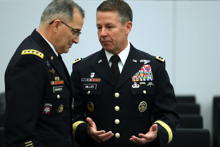 General Austin Scott Miller (R) and General Curtis Scapparrotti at NATO headquarters