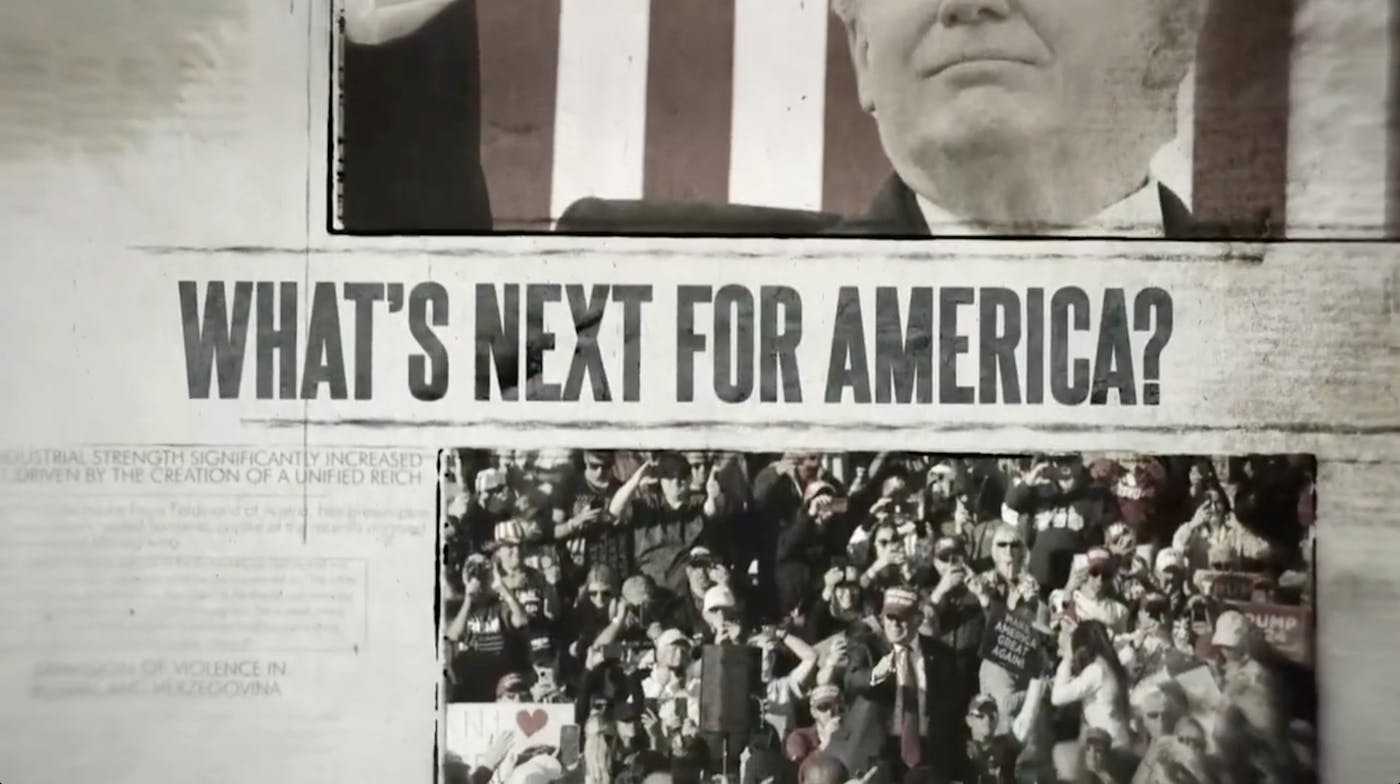 Mock newspaper with half of Trump's face and the headline "What's next for America?"
