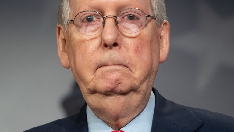 A close up of Senate Minority Leader Mitch McConnell.