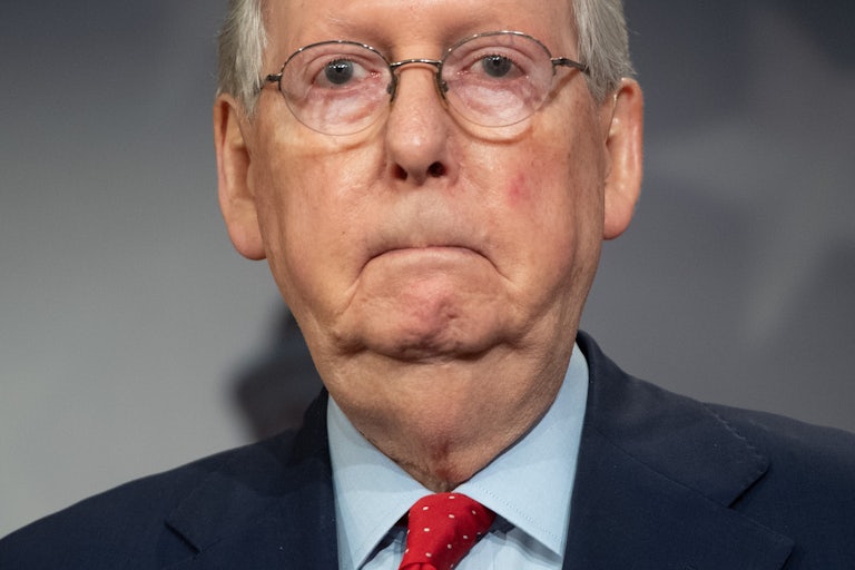 A close up of Senate Minority Leader Mitch McConnell.