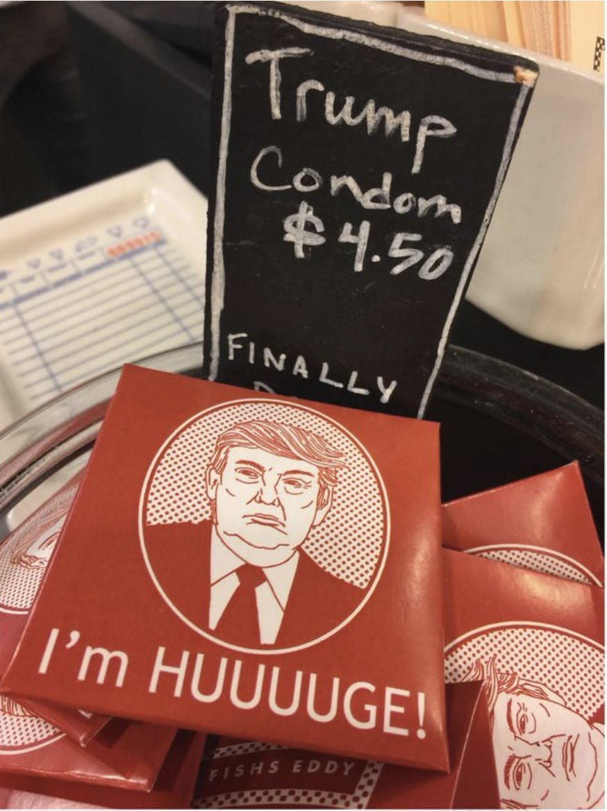 Donald Trump condoms that feature his face and say "I'm HUUUUGE!"