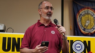 United Auto Workers President Shawn Fain speaks at a UAW vote watch party on in Chattanooga, Tennessee. With over 51 percent of workers voting yes, the UAW won the right to form a union at the plant.