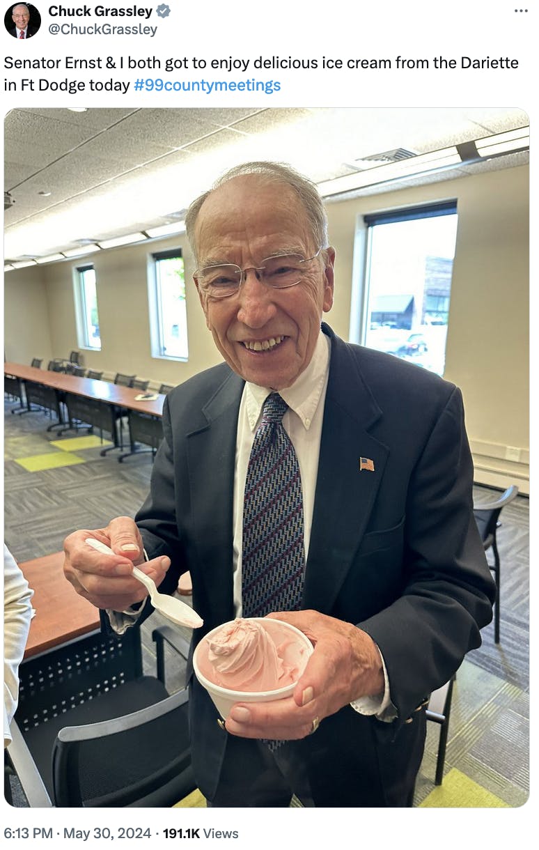 Tweet screenshot Chuck Grassley eating ice cream