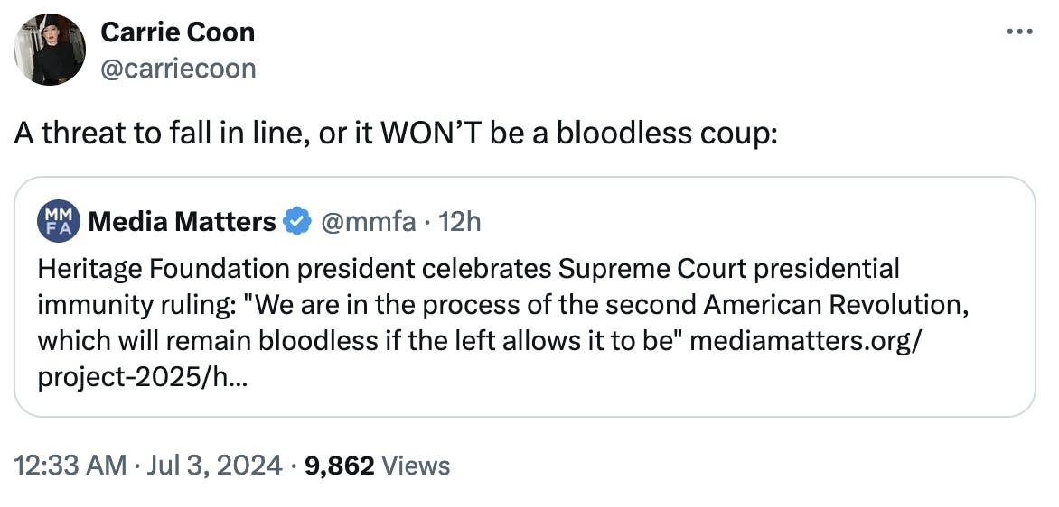 Twitter Screenshot Robert Elisberg @relisberg: Dear @heritage Foundation - So, to translate, "As long as the left gives us everything we want (which includes no recreational sex), we won't use guns & violence." This from the party that stormed the Capitol & put up a noose to hang the Vice President.