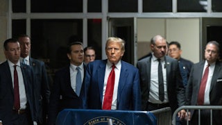 Former US President Donald Trump in the hallway outside a courtroom at Manhattan criminal court in New York.
